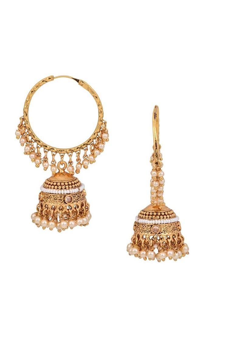 Gold Plated Artificial Stones Studded And Beaded Dome Shaped Hoop Earring