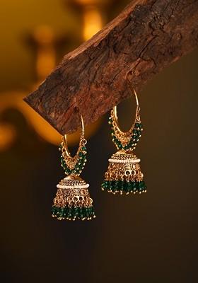 Gold Plated Artificial Stones Studded And Beaded Dome Shaped Hoop Earring