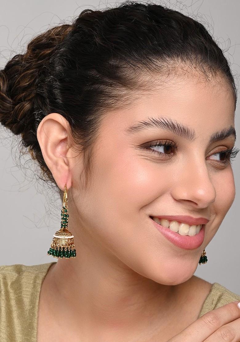 Gold Plated Artificial Stones Studded And Beaded Dome Shaped Hoop Earring