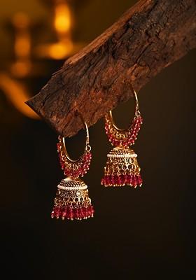 Gold Plated Artificial Stones Studded And Beaded Dome Shaped Jhumkas