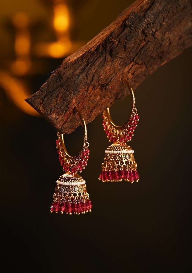 Gold Plated Artificial Stones Studded And Beaded Dome Shaped Jhumkas - Indya