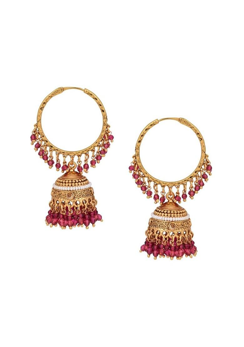 Gold Plated Artificial Stones Studded And Beaded Dome Shaped Jhumkas