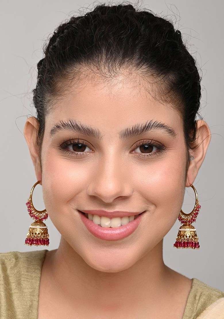 Gold Plated Artificial Stones Studded And Beaded Dome Shaped Jhumkas - Indya