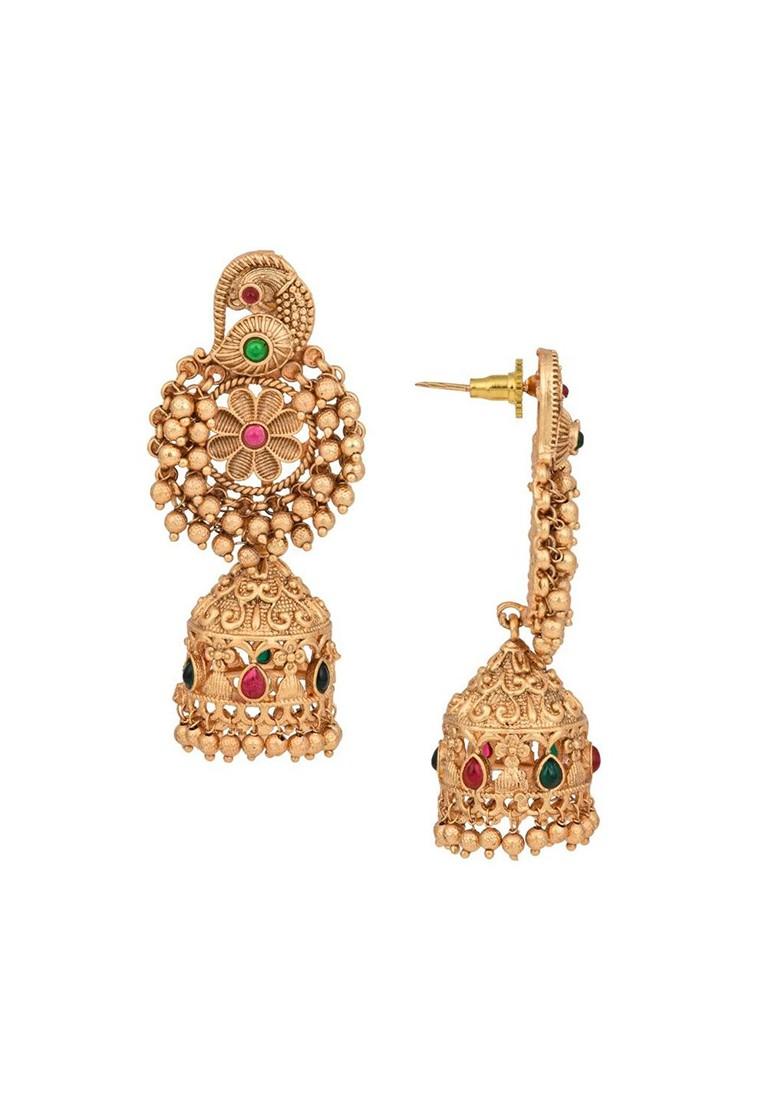 Gold Plated Artificial Stones Studded And Beaded Dome Shaped Temple Jhumkas