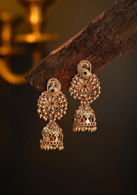 Gold Plated Artificial Stones Studded And Beaded Dome Shaped Temple Jhumkas