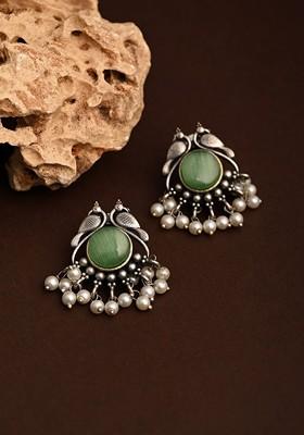 Silver Plated Artificial Stones Studded And Beaded Peacock Shaped Studs