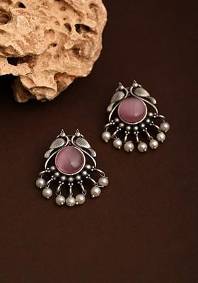 Silver Plated Artificial Stones Studded And Beaded Peacock Shaped Studs