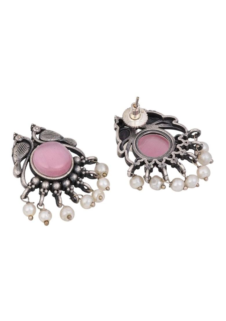 Silver Plated Artificial Stones Studded And Beaded Peacock Shaped Studs