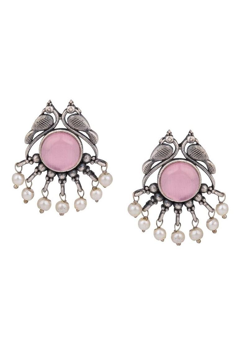 Silver Plated Artificial Stones Studded And Beaded Peacock Shaped Studs