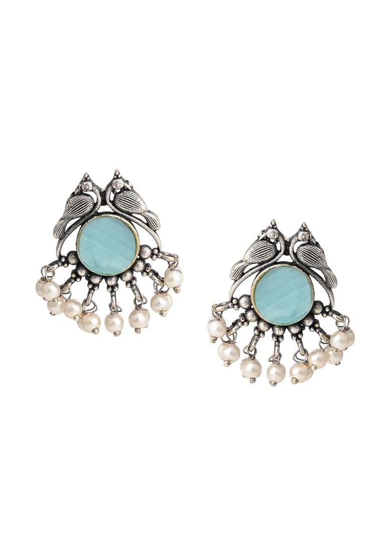 Silver Plated Artificial Stones Studded And Beaded Peacock Shaped Studs