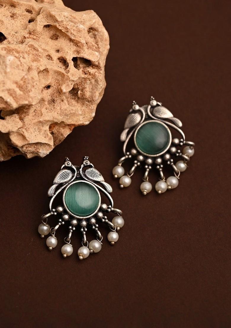 Silver Plated Artificial Stones Studded And Beaded Peacock Shaped Studs
