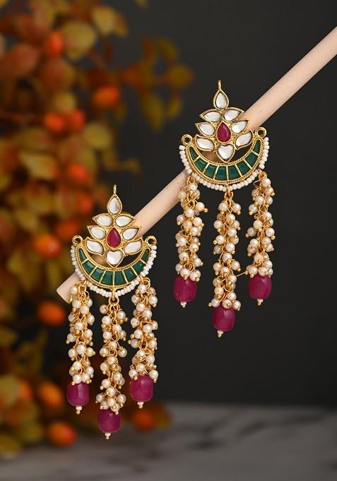 Gold Plated Artificial Stones Studded And Beaded Contemporary Temple Chandbalis