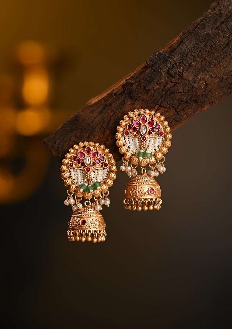 Gold Plated Artificial Stones Studded And Beaded Dome Shaped Jhumka - Indya