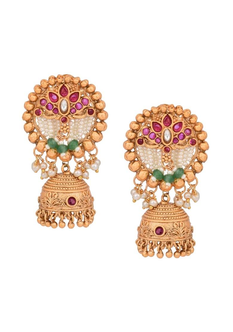 Gold Plated Artificial Stones Studded And Beaded Dome Shaped Jhumka
