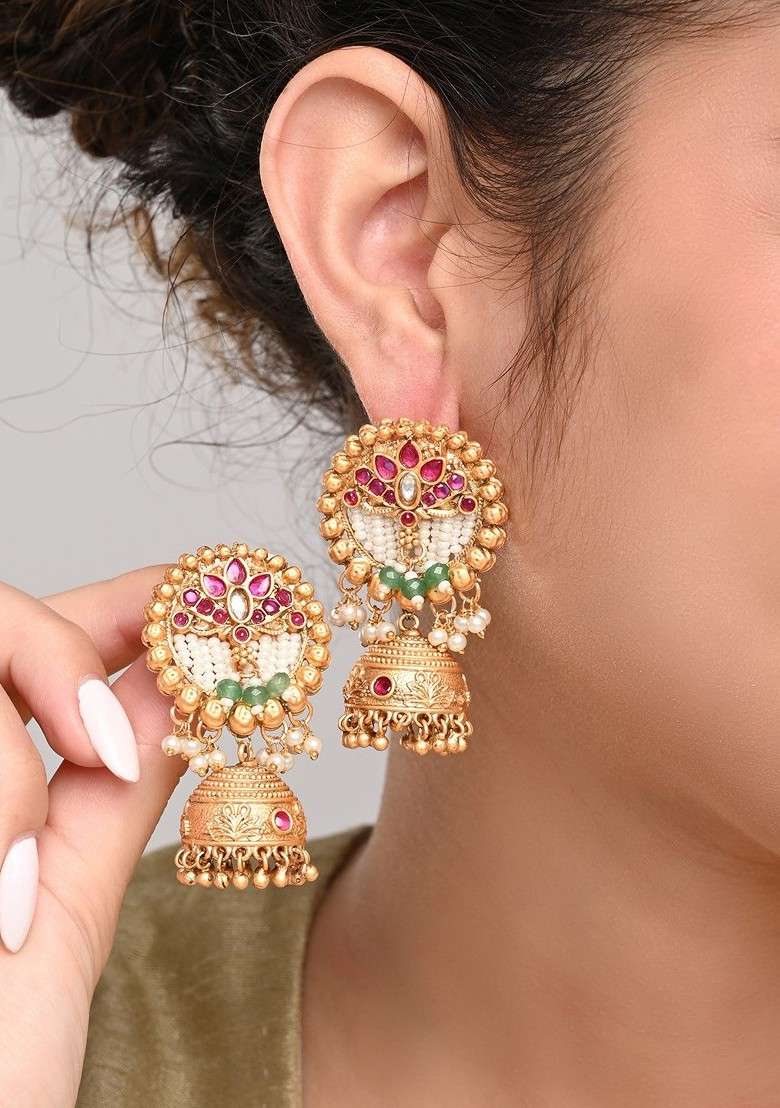 Gold Plated Artificial Stones Studded And Beaded Dome Shaped Jhumka - Indya