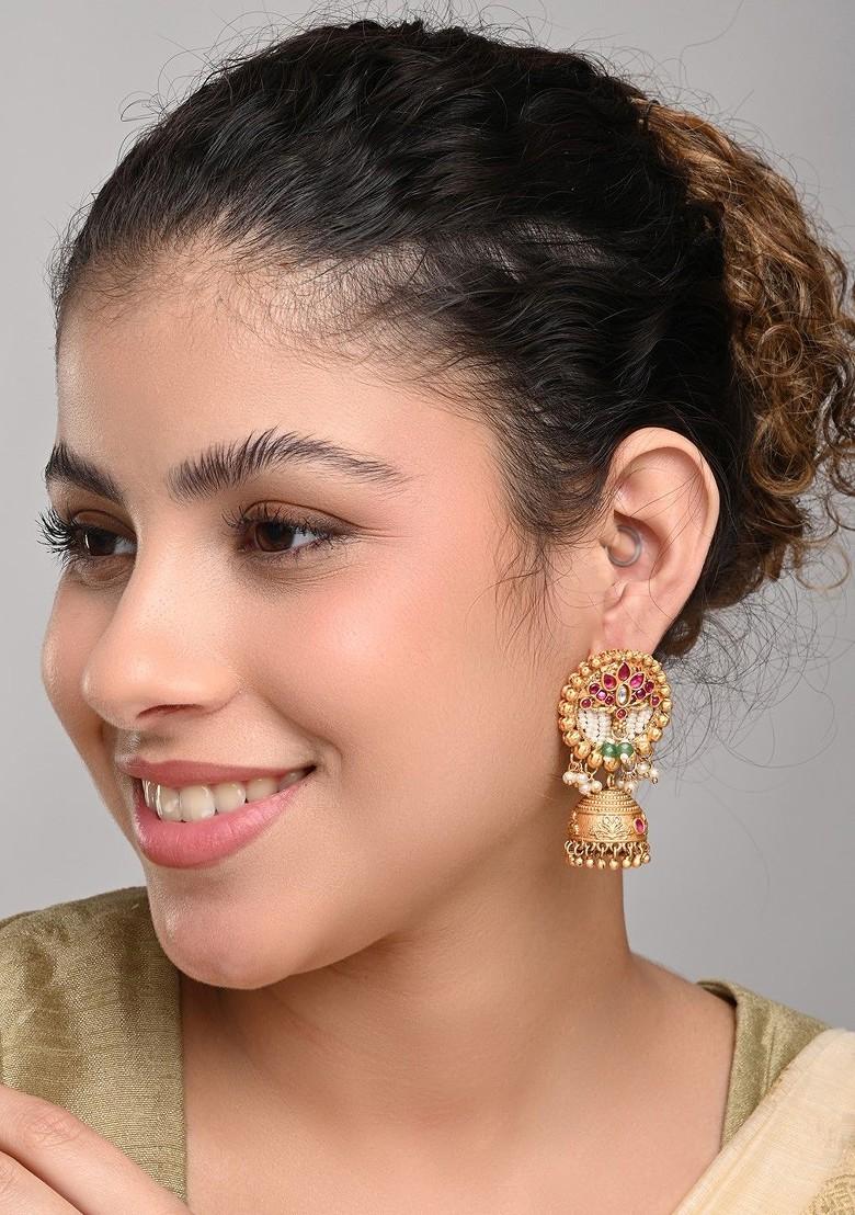 Gold Plated Artificial Stones Studded And Beaded Dome Shaped Jhumka