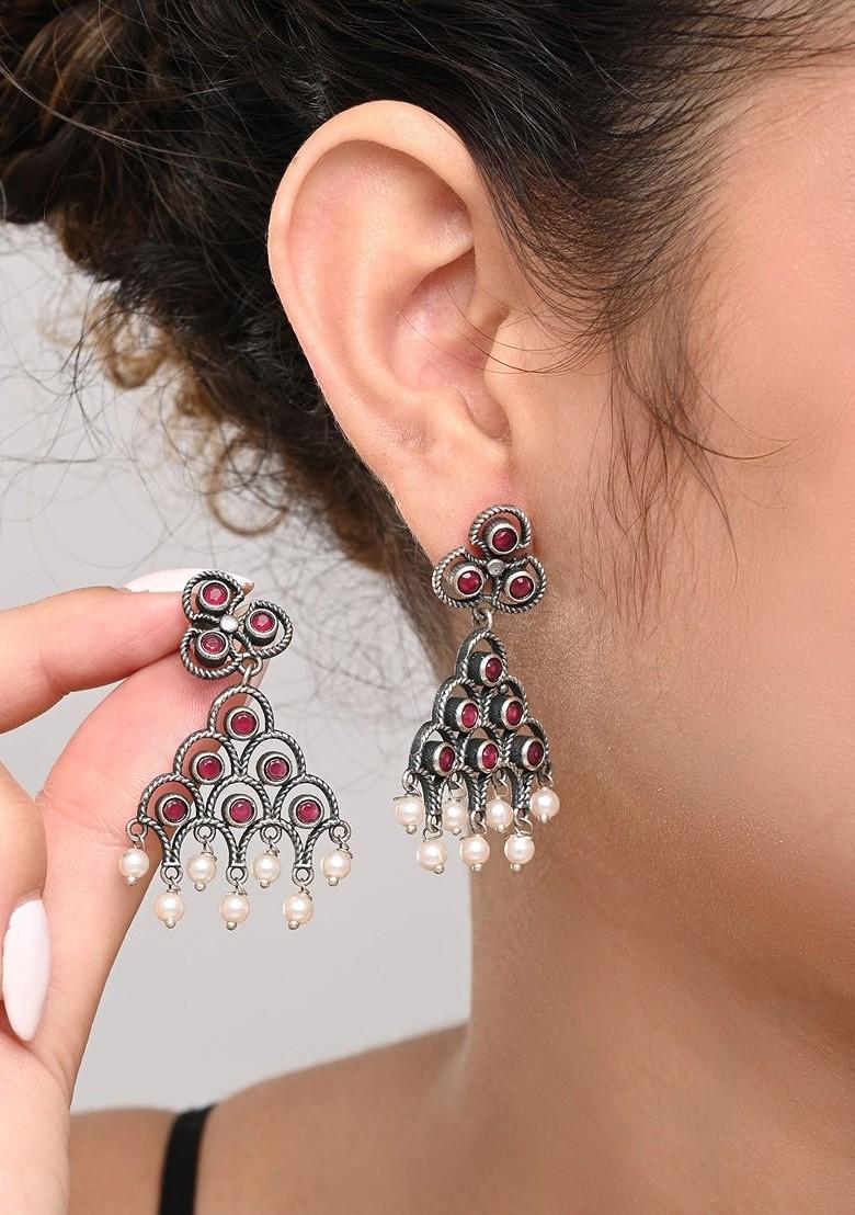 Silver Plated Artificial Stones Studded And Beaded Contemporary Temple Drop Earrings
