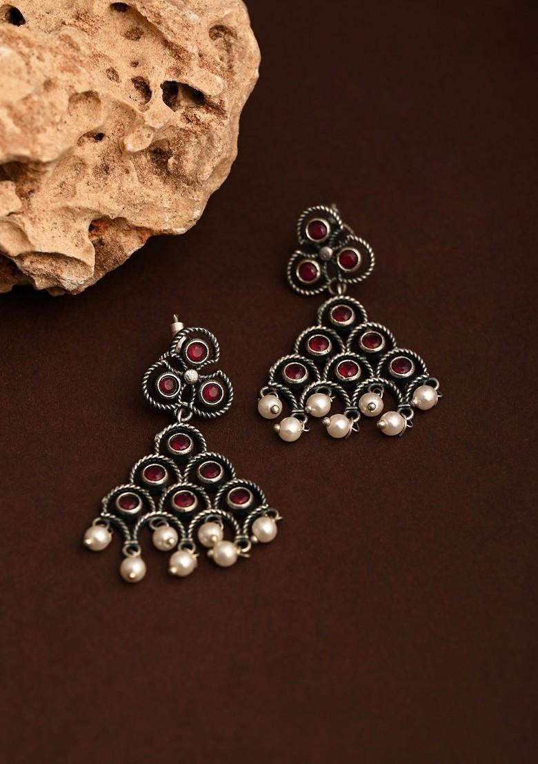Silver Plated Artificial Stones Studded And Beaded Contemporary Temple Drop Earrings