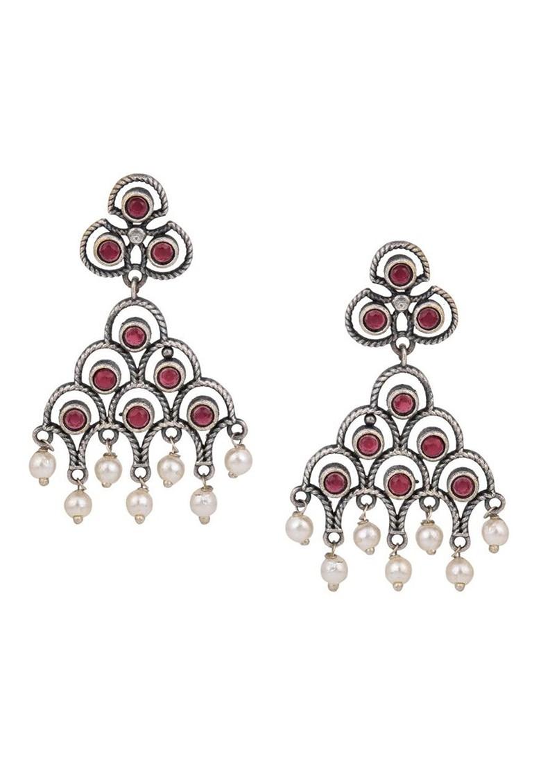 Silver Plated Artificial Stones Studded And Beaded Contemporary Temple Drop Earrings