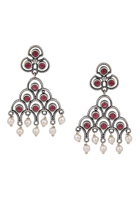 Silver Plated Artificial Stones Studded And Beaded Contemporary Temple Drop Earrings