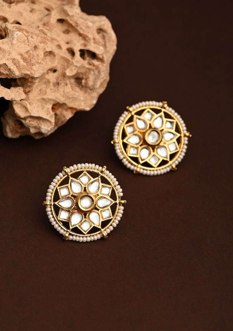 Gold Plated Kundan Studded Floral Shaped Studs - Indya