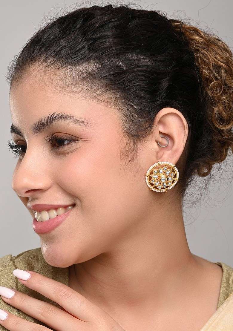 Gold Plated Kundan Studded Floral Shaped Studs - Indya