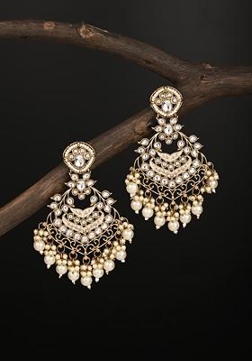 Gold Plated Artificial Stones Studded And Beaded Contemporary Drop Earrings