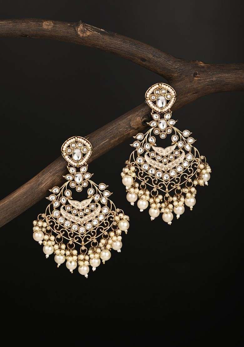 Gold Plated Artificial Stones Studded And Beaded Contemporary Drop Earrings - Indya