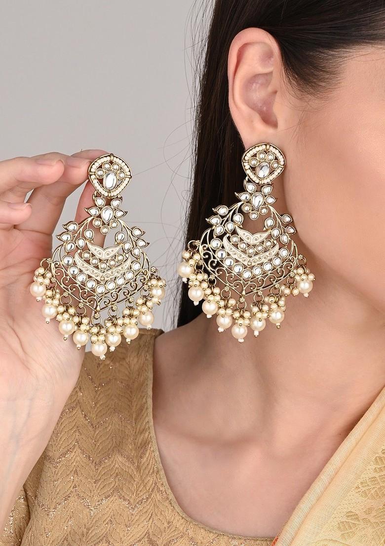 Gold Plated Artificial Stones Studded And Beaded Contemporary Drop Earrings