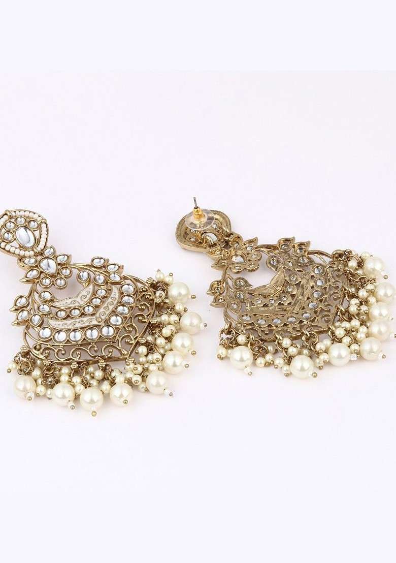 Gold Plated Artificial Stones Studded And Beaded Contemporary Drop Earrings - Indya