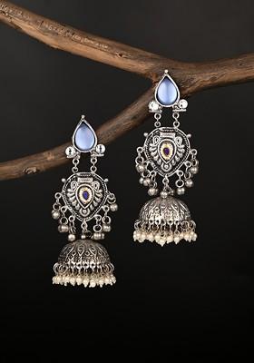 Silver Plated Artificial Stones Studded And Beaded Oxidized Dome Shaped Jhumkas
