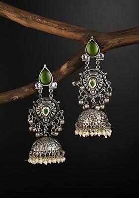 Silver Plated Artificial Stones Studded And Beaded Oxidized Dome Shaped Jhumkas