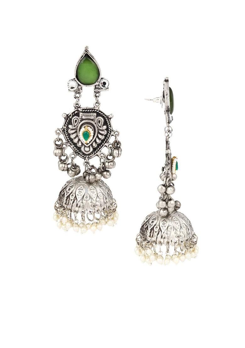Silver Plated Artificial Stones Studded And Beaded Oxidized Dome Shaped Jhumkas