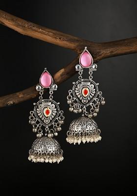 Oxidised Silver Plated Artificial Stones Studded And Beaded Dome Shaped Jhumkas