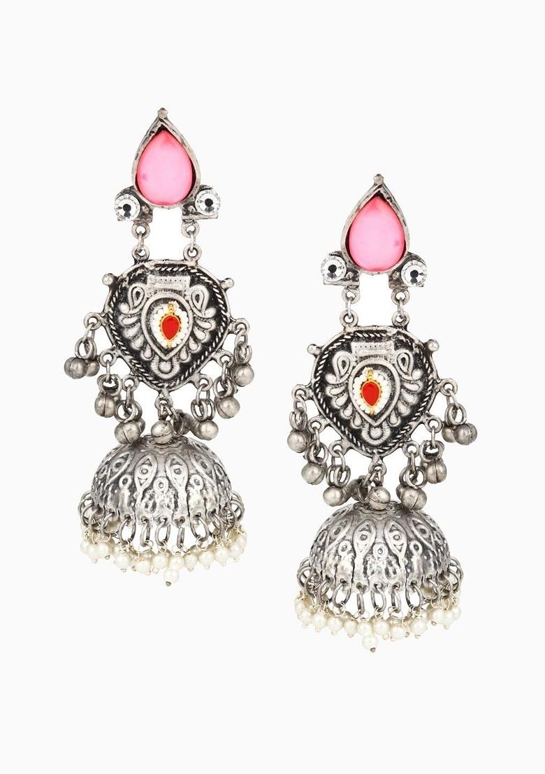 Oxidised Silver Plated Artificial Stones Studded And Beaded Dome Shaped Jhumkas