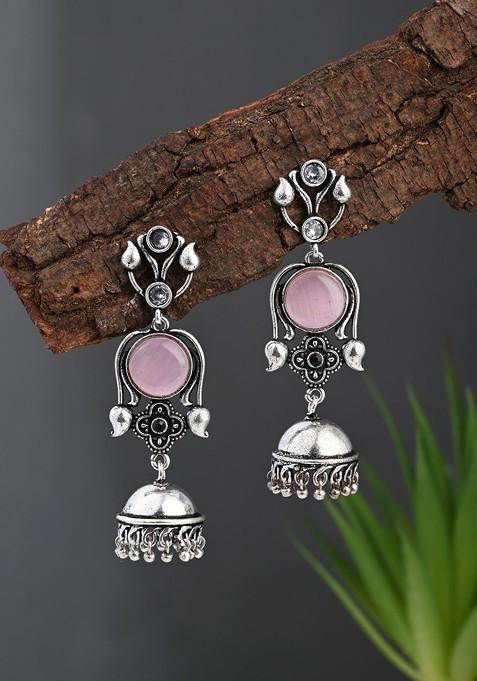 Silver Plated Artificial Stones Studded Oxydised Dome Shaped Jhumkas