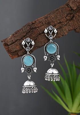 Silver Plated Artificial Stones Studded Dome Shaped Oxidised Jhumkas