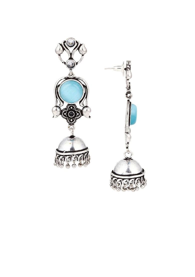 Silver Plated Artificial Stones Studded Dome Shaped Oxidised Jhumkas