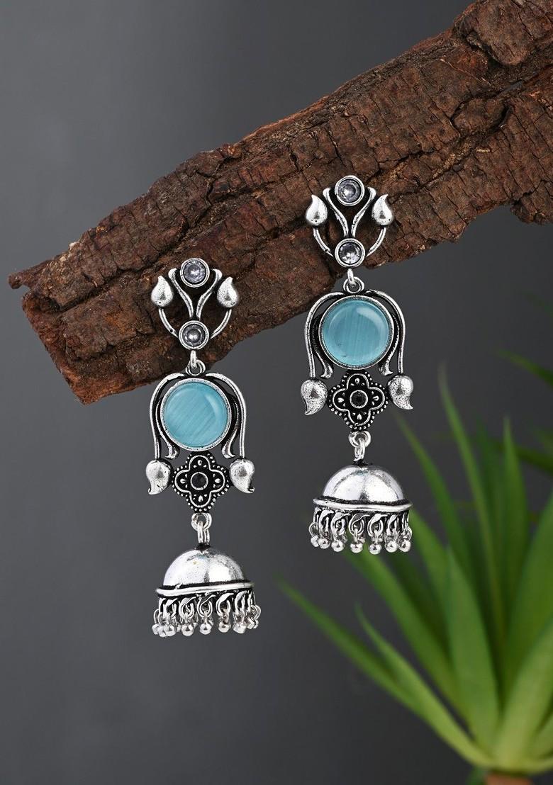 Silver Plated Artificial Stones Studded Dome Shaped Oxidised Jhumkas