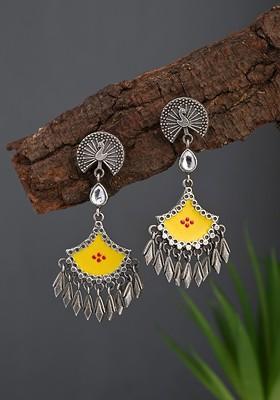 Silver Plated Artificial Stones Studded Oxidized Peacock Shaped Drop Earrings