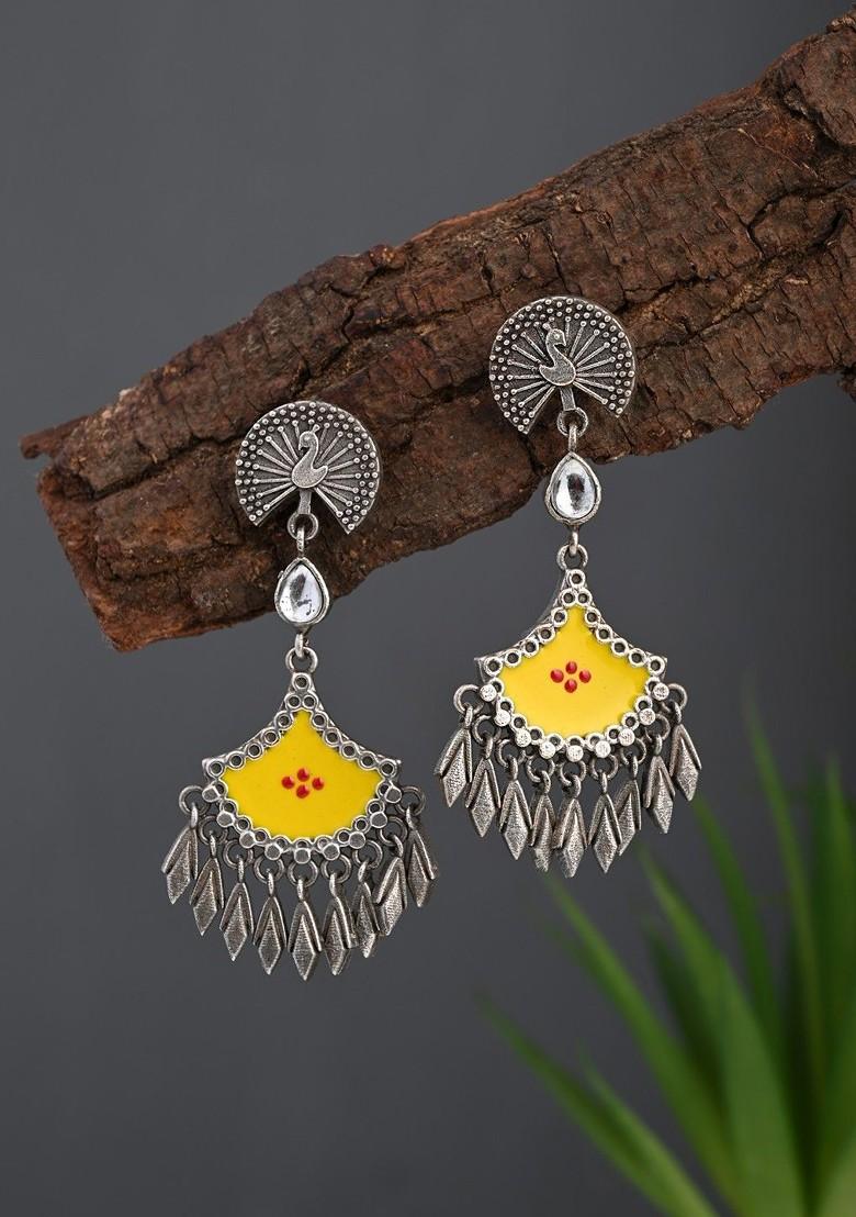 Silver Plated Artificial Stones Studded Oxidized Peacock Shaped Drop Earrings