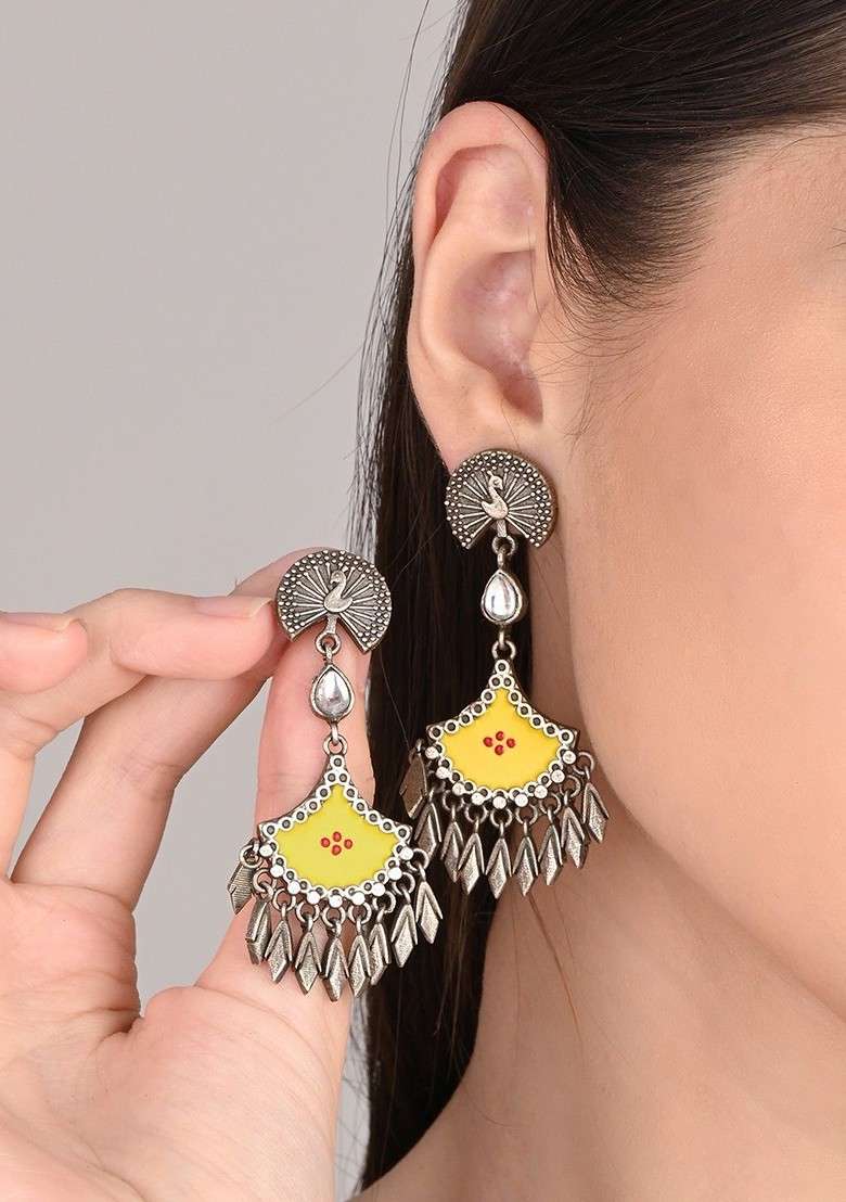 Silver Plated Artificial Stones Studded Oxidized Peacock Shaped Drop Earrings - Indya