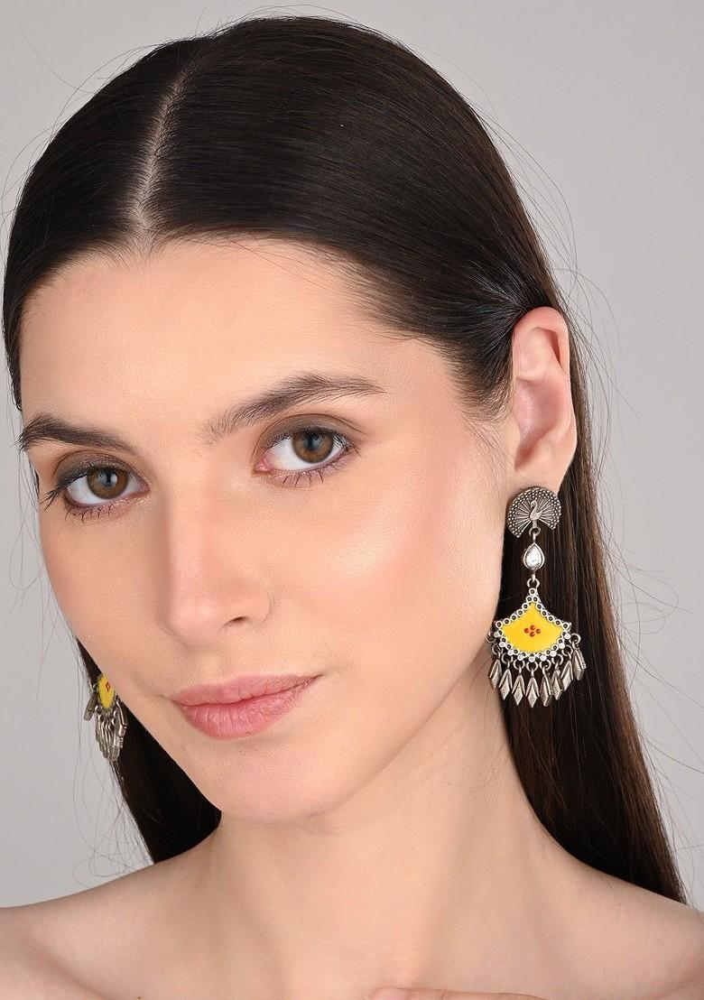 Silver Plated Artificial Stones Studded Oxidized Peacock Shaped Drop Earrings