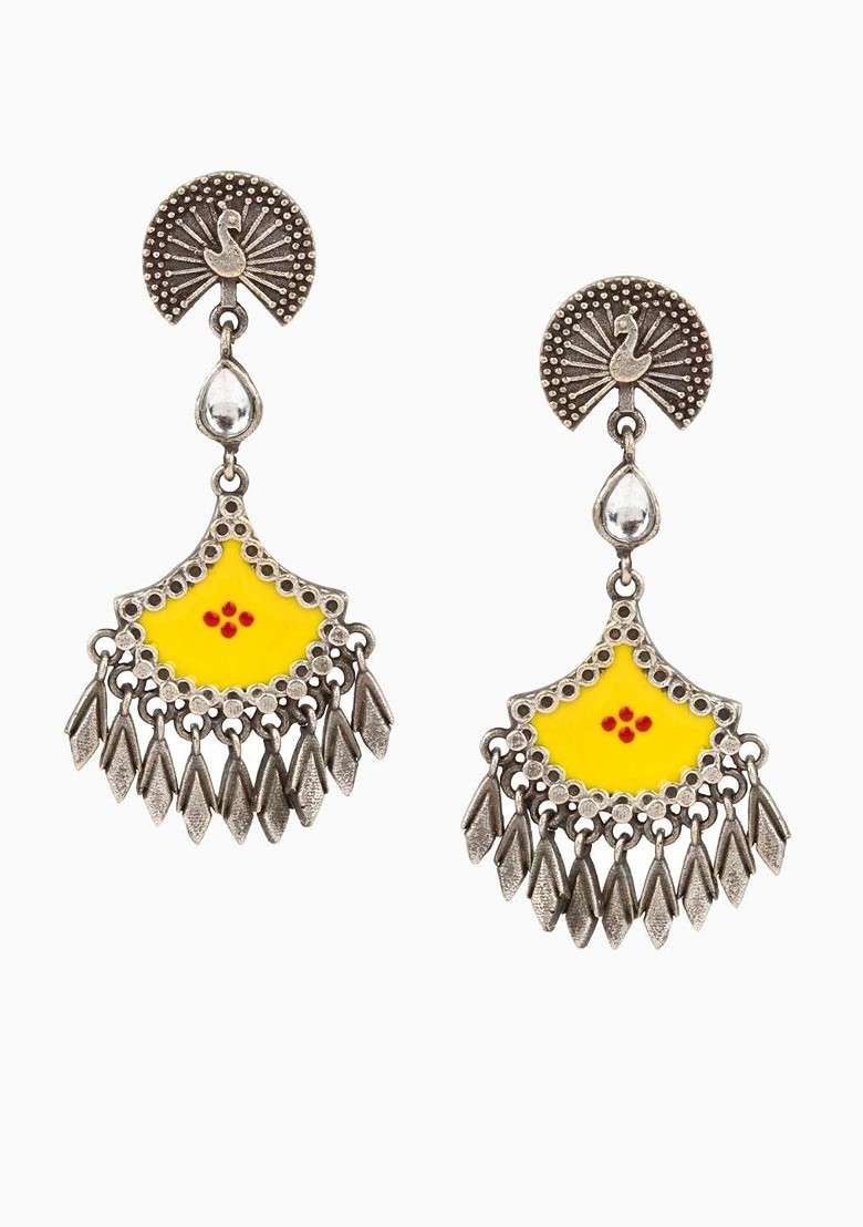 Silver Plated Artificial Stones Studded Oxidized Peacock Shaped Drop Earrings - Indya