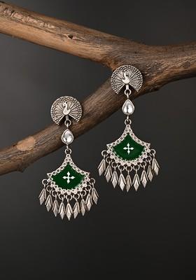 Silver Plated Artificial Stones Studded Oxidized Peacock Shaped Drop Earrings