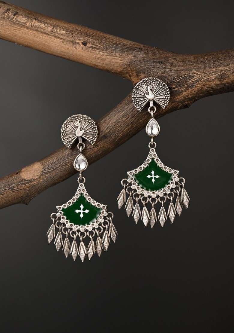 Silver Plated Artificial Stones Studded Oxidized Peacock Shaped Drop Earrings - Indya
