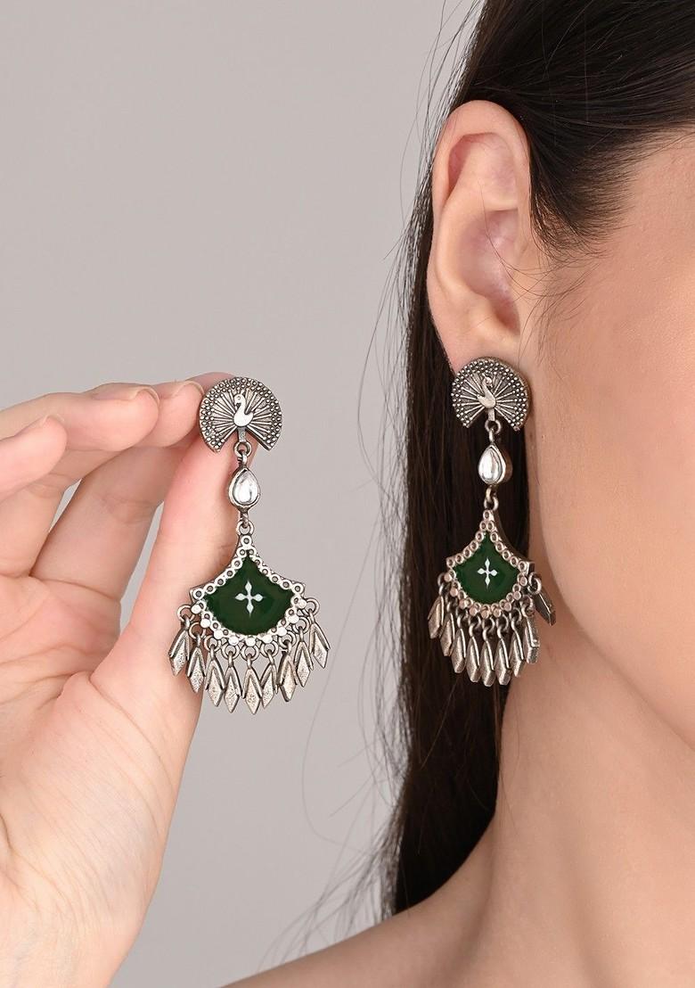 Silver Plated Artificial Stones Studded Oxidized Peacock Shaped Drop Earrings