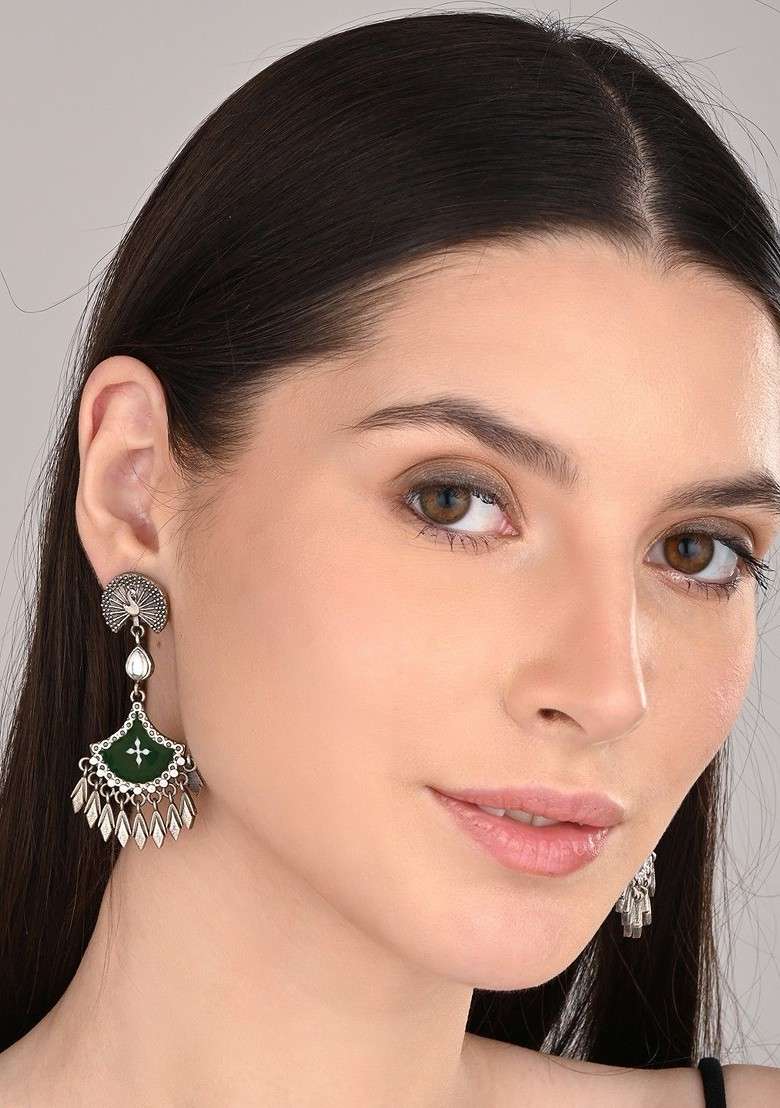 Silver Plated Artificial Stones Studded Oxidized Peacock Shaped Drop Earrings - Indya