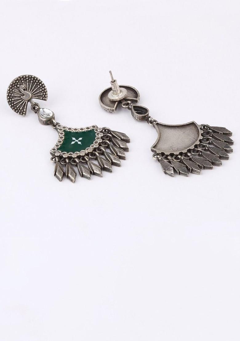 Silver Plated Artificial Stones Studded Oxidized Peacock Shaped Drop Earrings