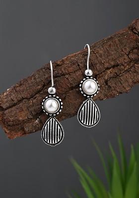 Silver Plated Pearls Studded Oxidised Contemporary Drop Earrings